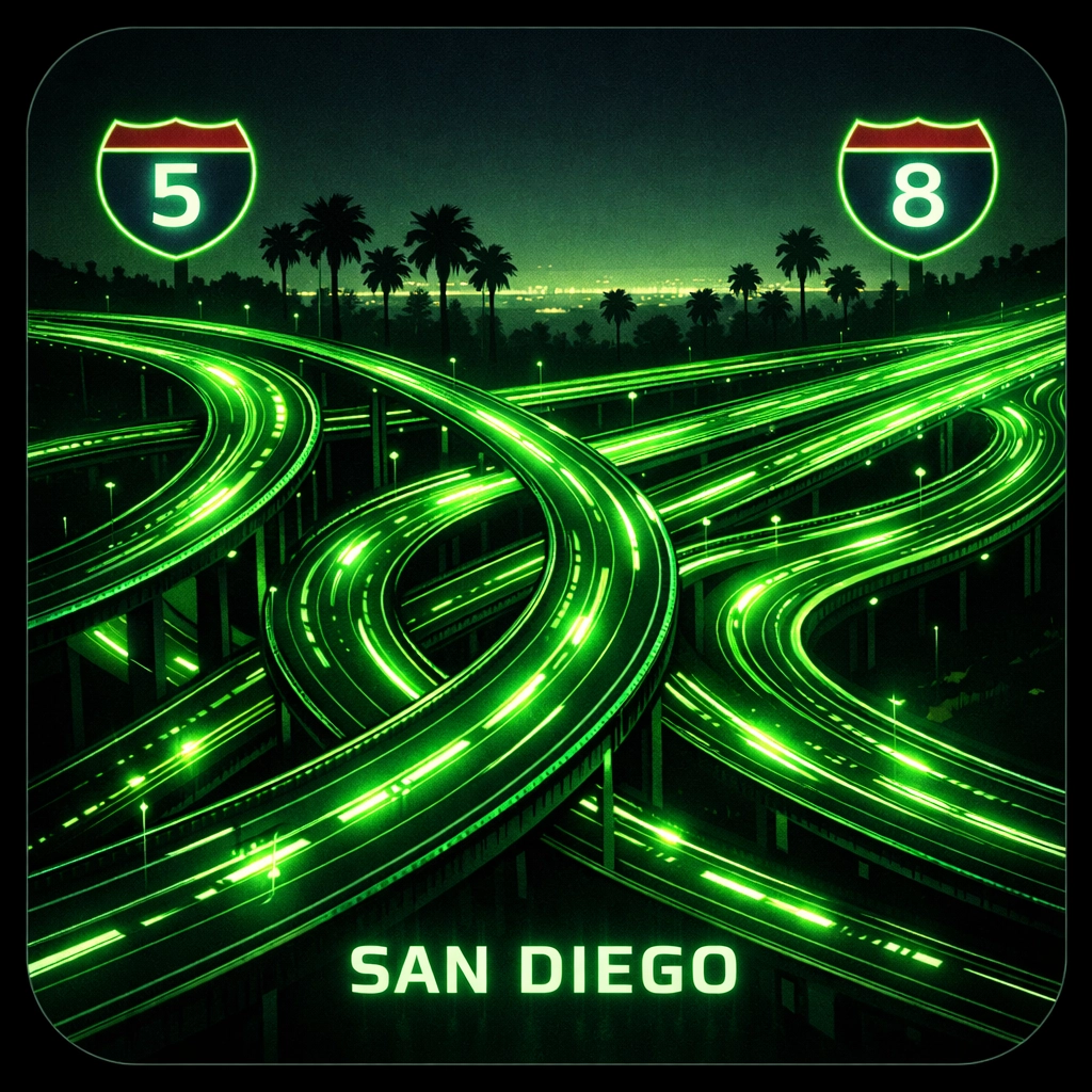 Digital visualization of San Diego freeway interchanges representing towing network connectivity.