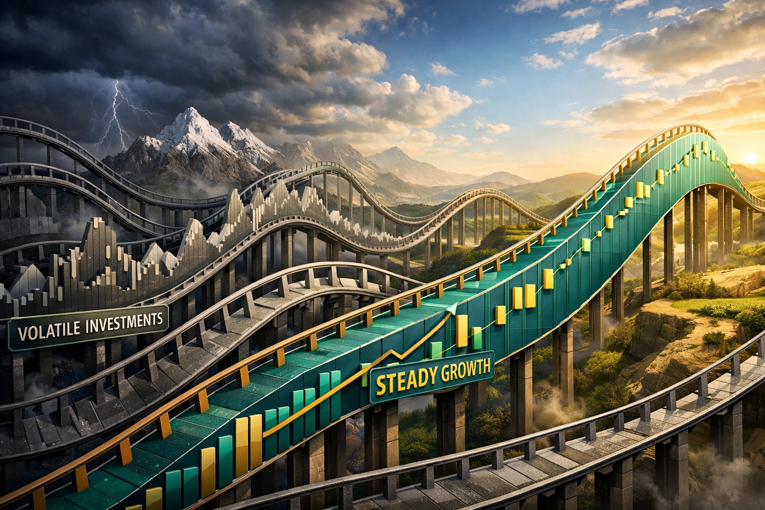 Investment strategy performance comparison showing steady versus volatile portfolio paths