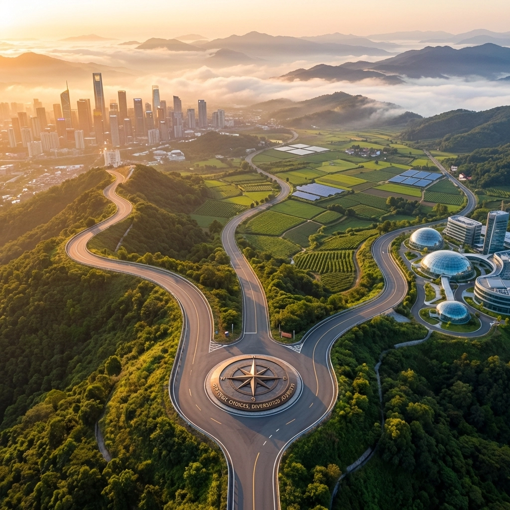 Aerial view of three diverging paths symbolizing diversified investment strategies within the 40/30/30 portfolio framework