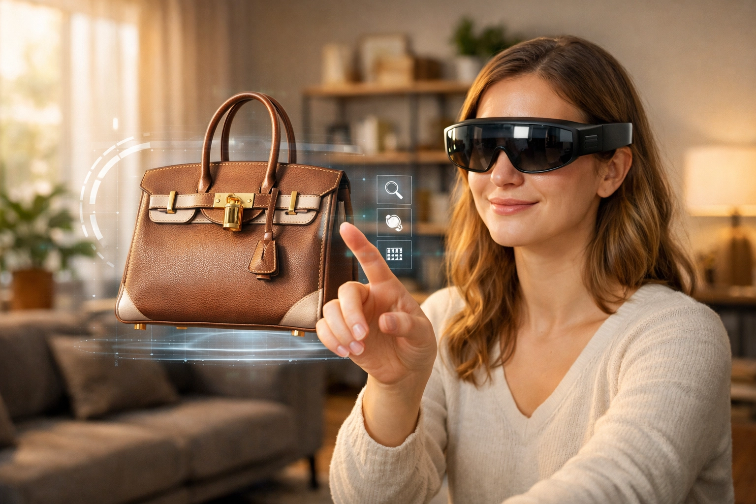 Woman using AR glasses to interact with holographic luxury handbag in her living room