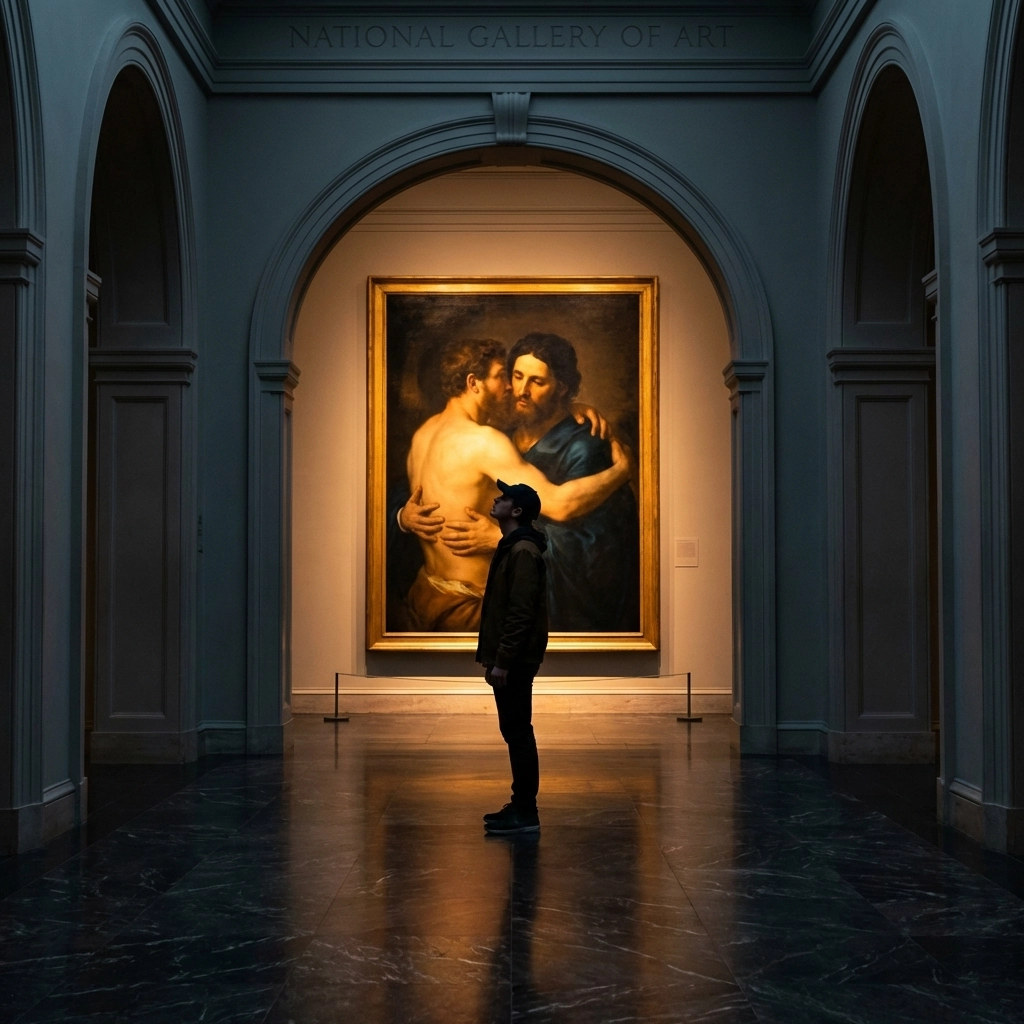 A young man views a large painting of gay intimacy in a museum, reflecting queer identity and belonging.