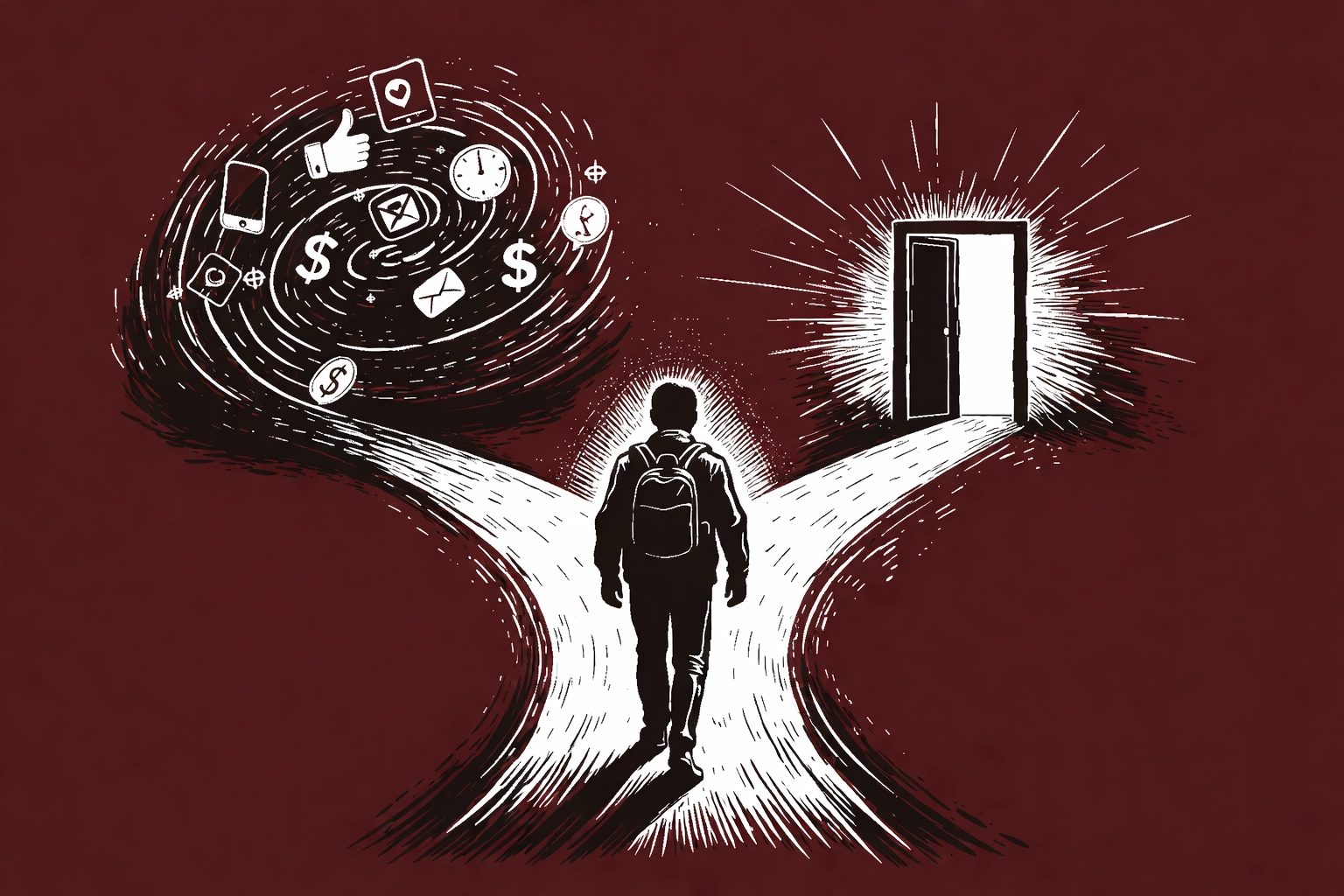 Artist at a crossroads choosing between gig work chaos or opportunity, reflecting the creator decision