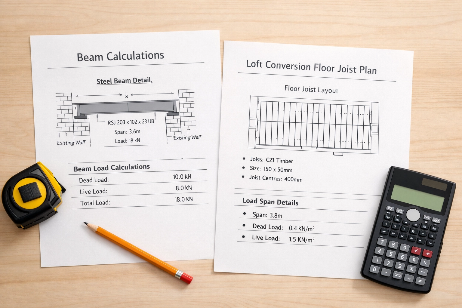 Structural engineer's technical drawings and calculations for loft conversion spread on desk