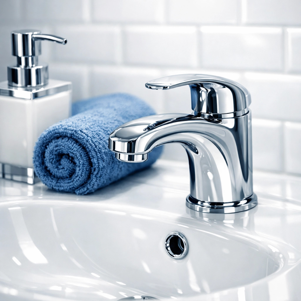 Polished bathroom vanity in a Leominster apartment showing deep cleaning of chrome fixtures and sink.