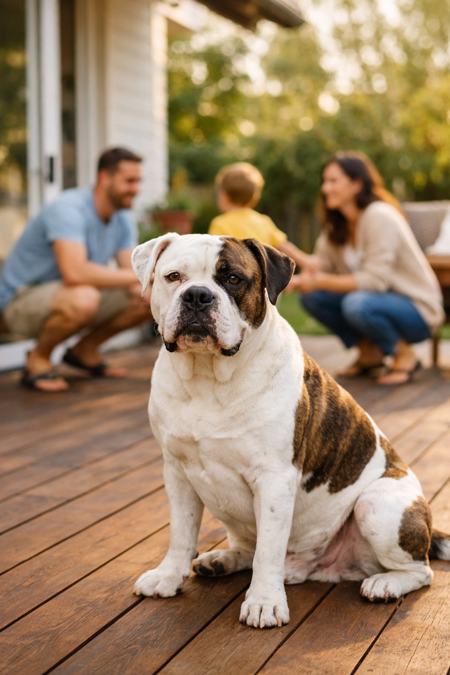 Bouledogue américain blanc et bringé assis sur une terrasse, illustrant sa loyauté et sa vie en famille.