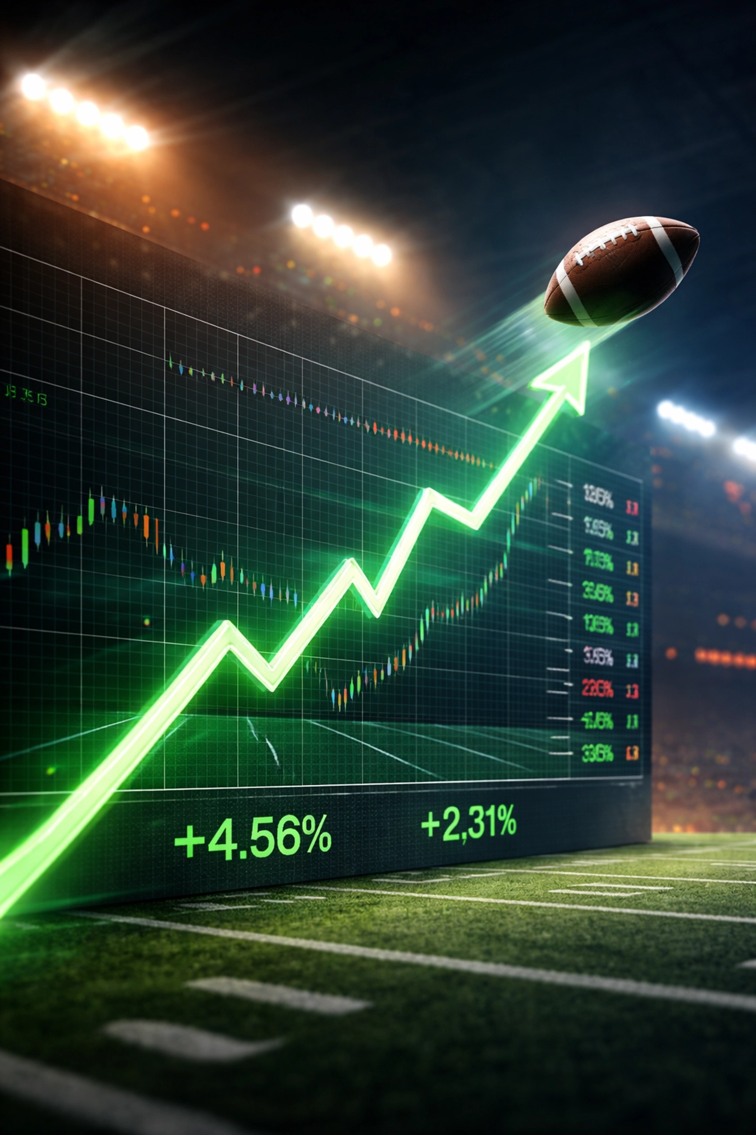 Illustration of a football stock market surge, symbolizing Vandrevius Jacobs' rising NIL value at Miami.