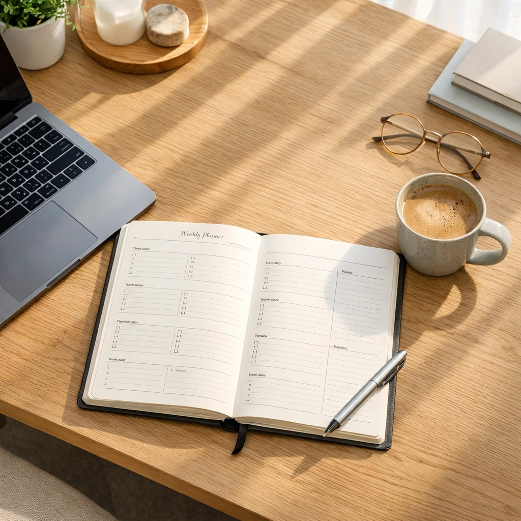 Planning a North Carolina real estate move with a desk calendar and laptop in a bright home office.