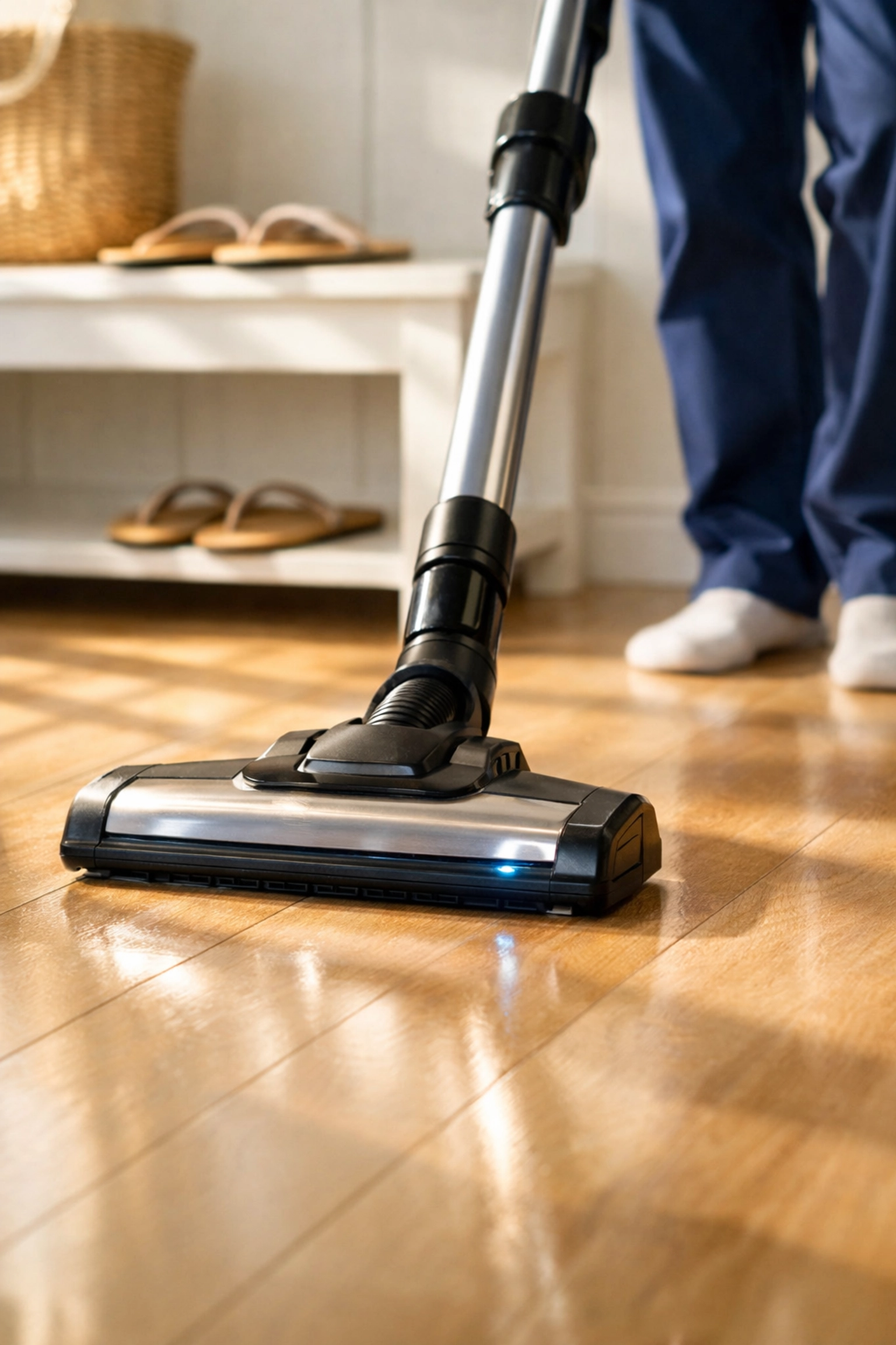 Professional floor cleaning on Cape Cod removing sand and grit from hardwood floors.
