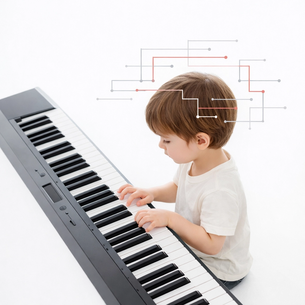 Child focused on a keyboard, illustrating executive function benefits of keyboard lessons for beginners.