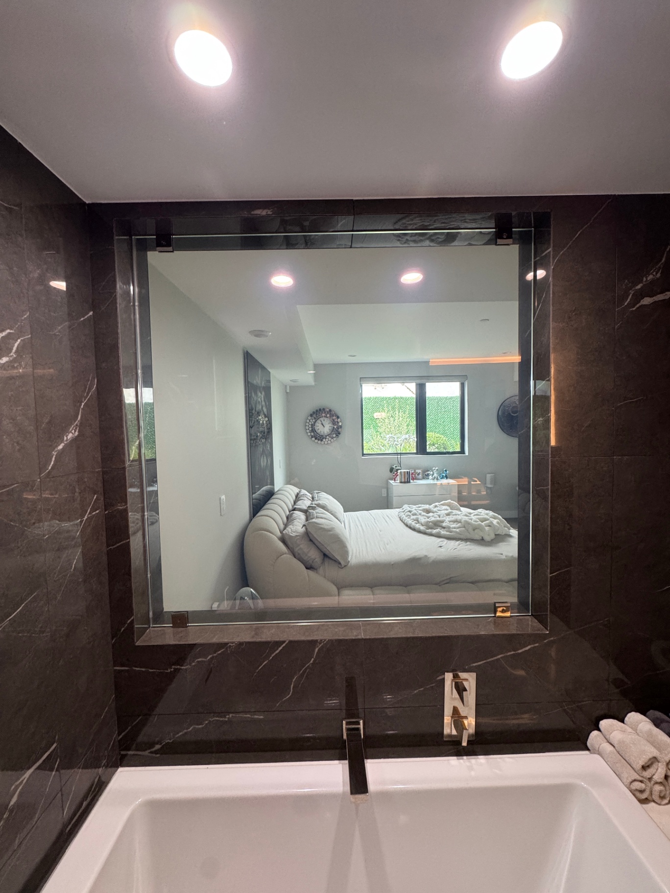 Smart film installed on interior bathroom window