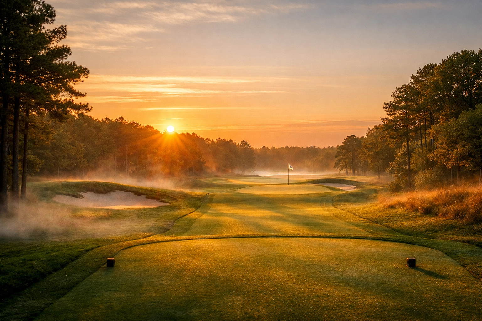 Peaceful sunrise over a golf course fairway, a serene setting for a fairway farewell memorial ceremony.
