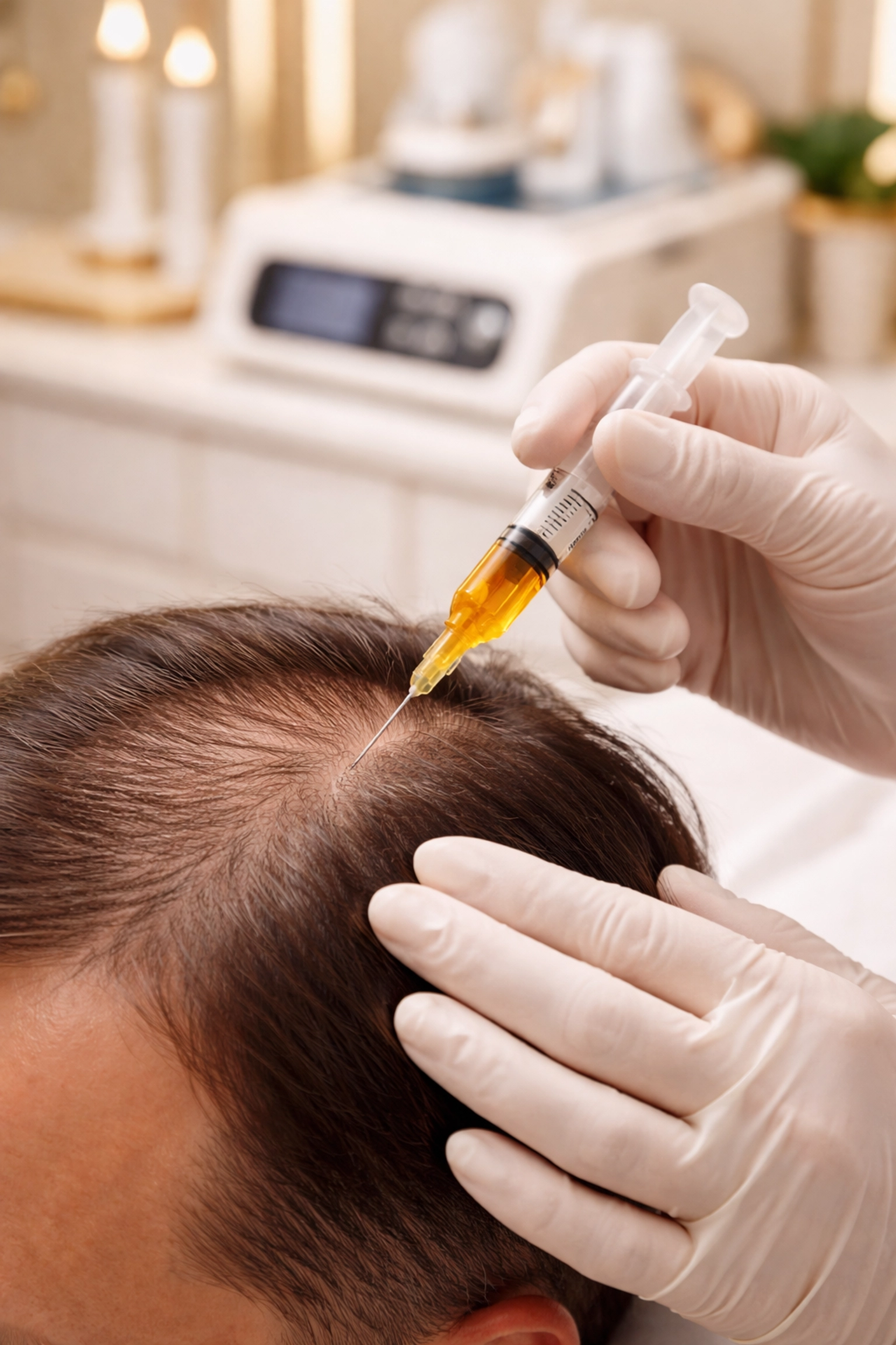 PRP hair restoration treatment in a Coral Gables medical clinic, highlighting platelet therapy process