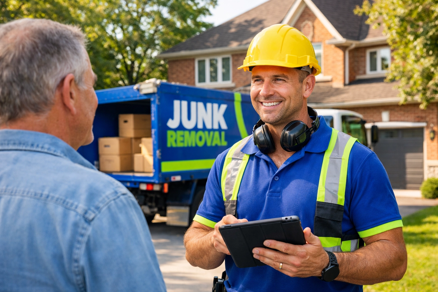 Professional junk removal expert discussing an estate cleanout with a client in a Newmarket driveway.