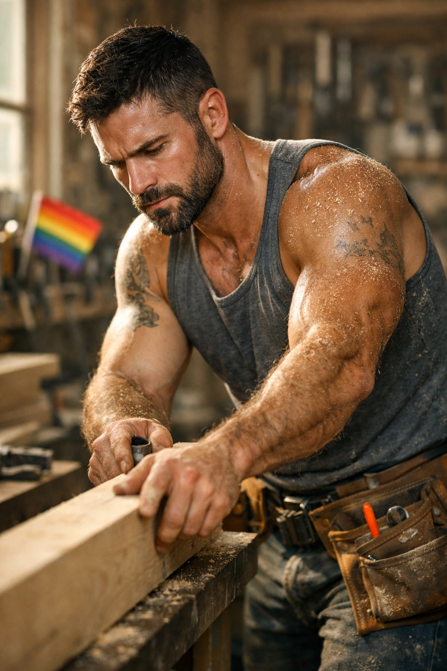 A muscular handyman in a workshop, a popular trope in contemporary gay fiction stories.
