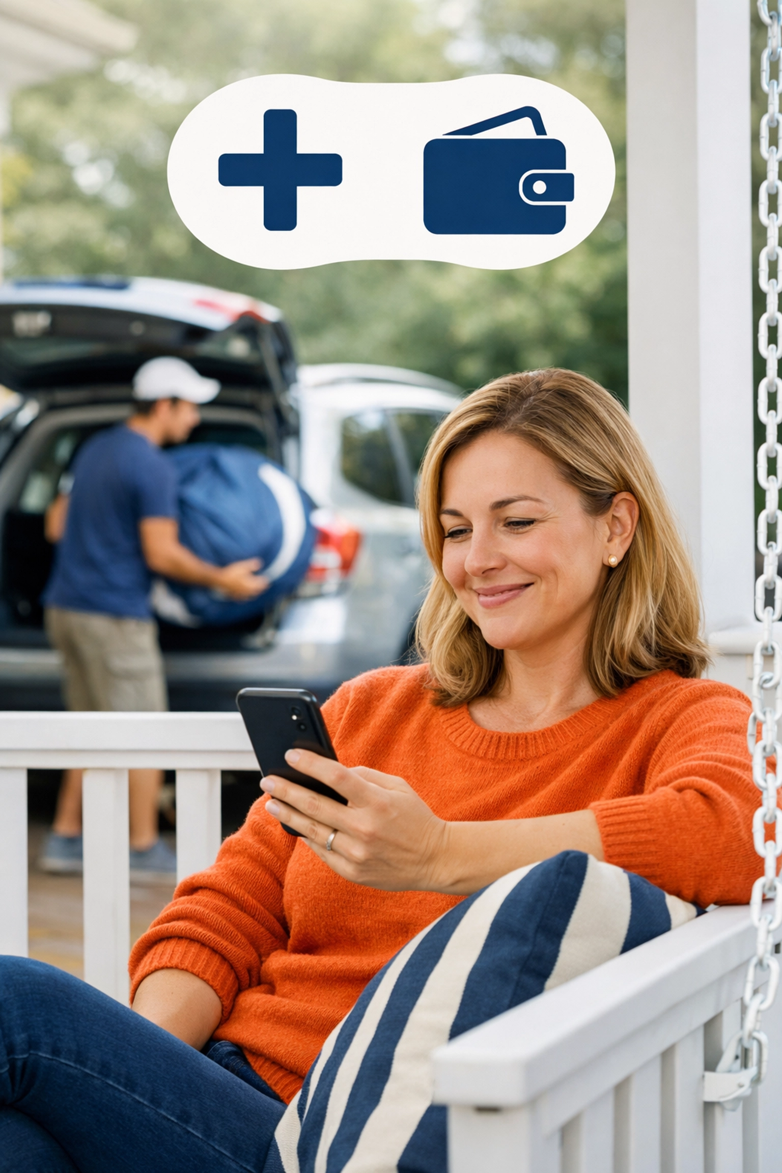 A woman using a rental app to list party supplies while a neighbor borrows a pop-up tent.