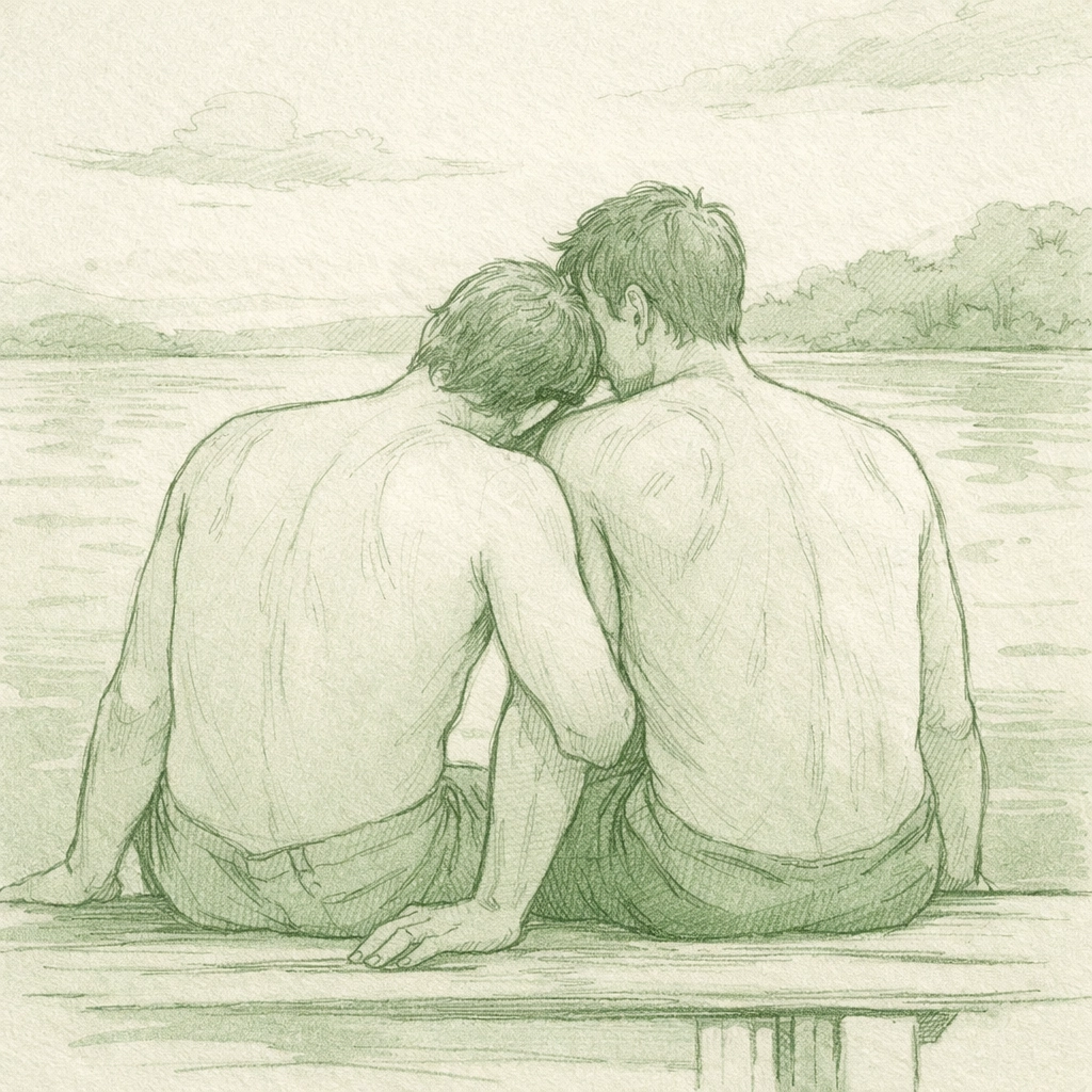 Gay couple sharing intimate moment by water representing emotional connection