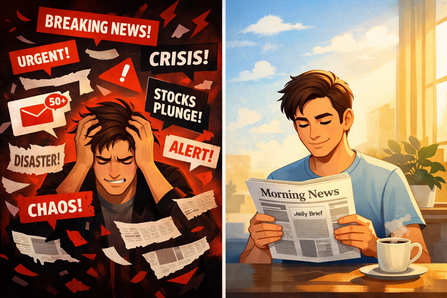 Comparison of stressed person with chaotic news alerts vs calm person reading organized morning brief