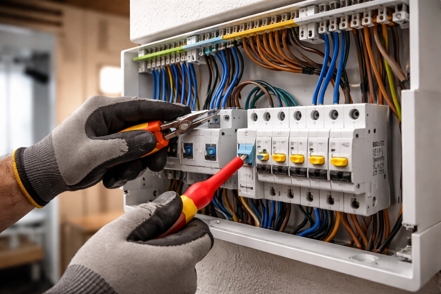 Electrician wiring a new consumer unit during upgrade in a clean Rugby home