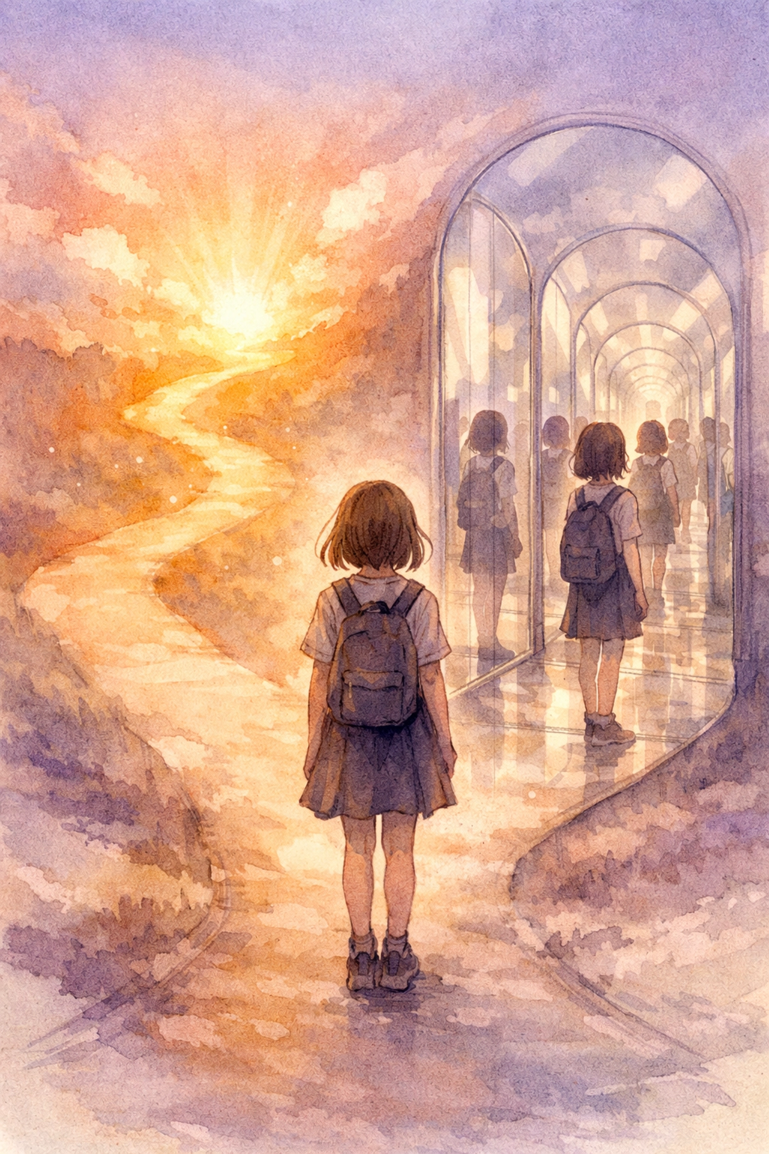 Teen girl at crossroads choosing between self-reflection and looking to Christ for identity