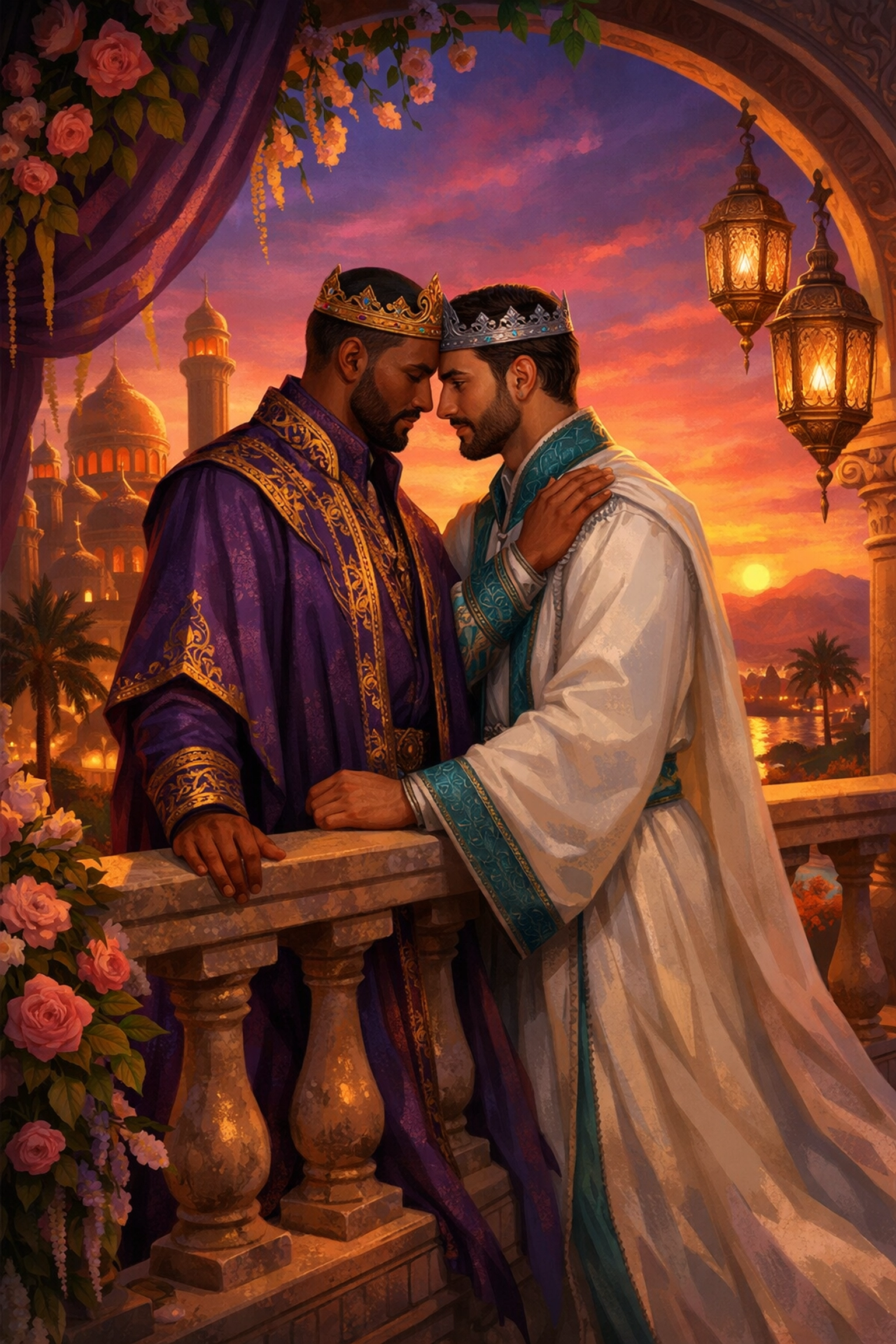 Two kings in royal robes sharing a romantic moment at dusk in a historical gay romance novel.
