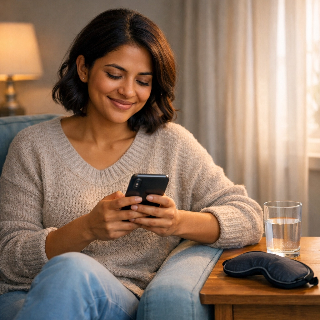 Patient texting doctor for migraine relief using telehealth from comfortable home setting