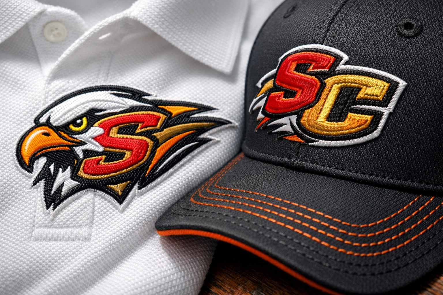 Close-up of high-quality custom embroidery on professional polo shirts and branded hats for team uniforms.