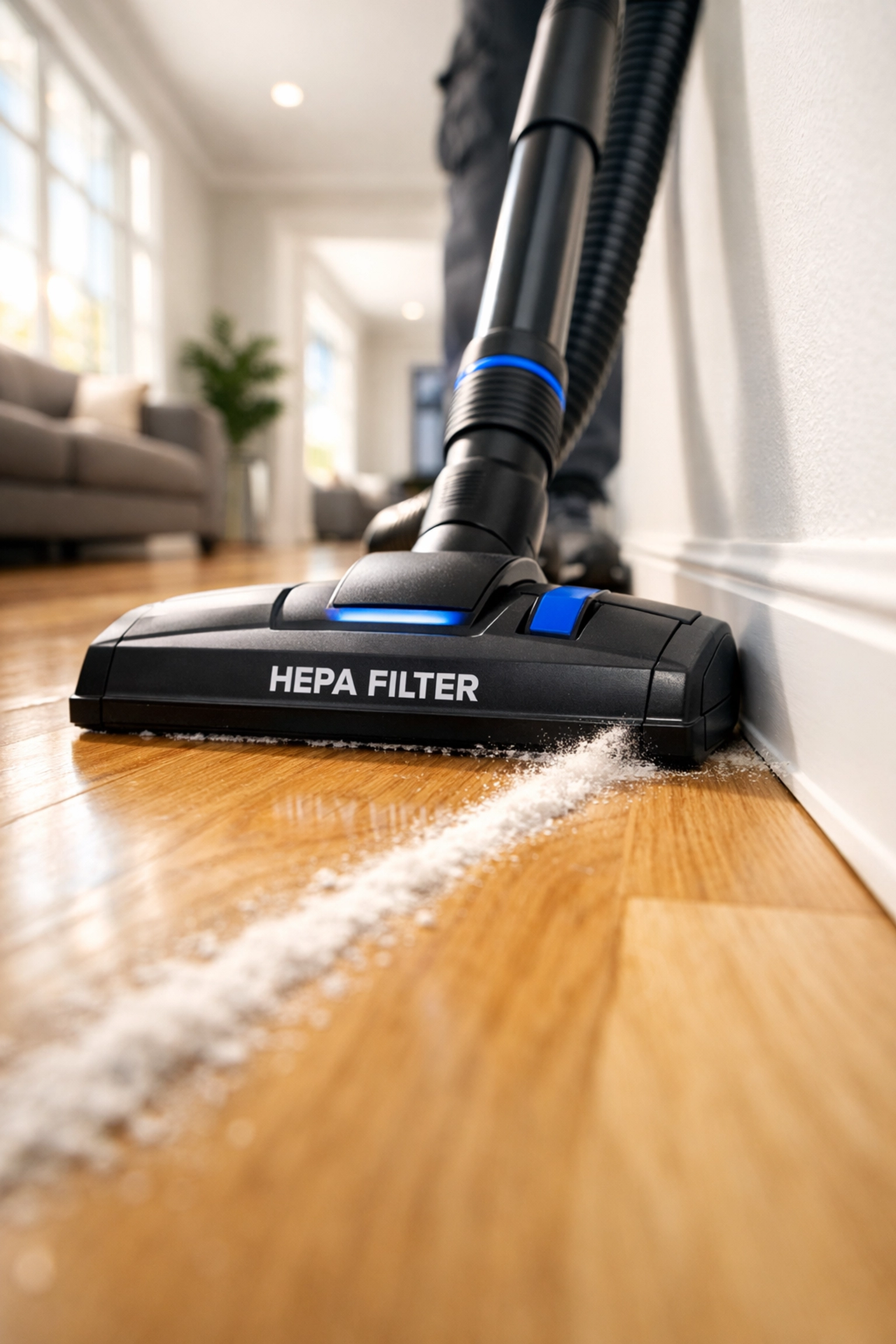 HEPA-filter vacuum removing construction dust from hardwood floors in a clean Hudson home.