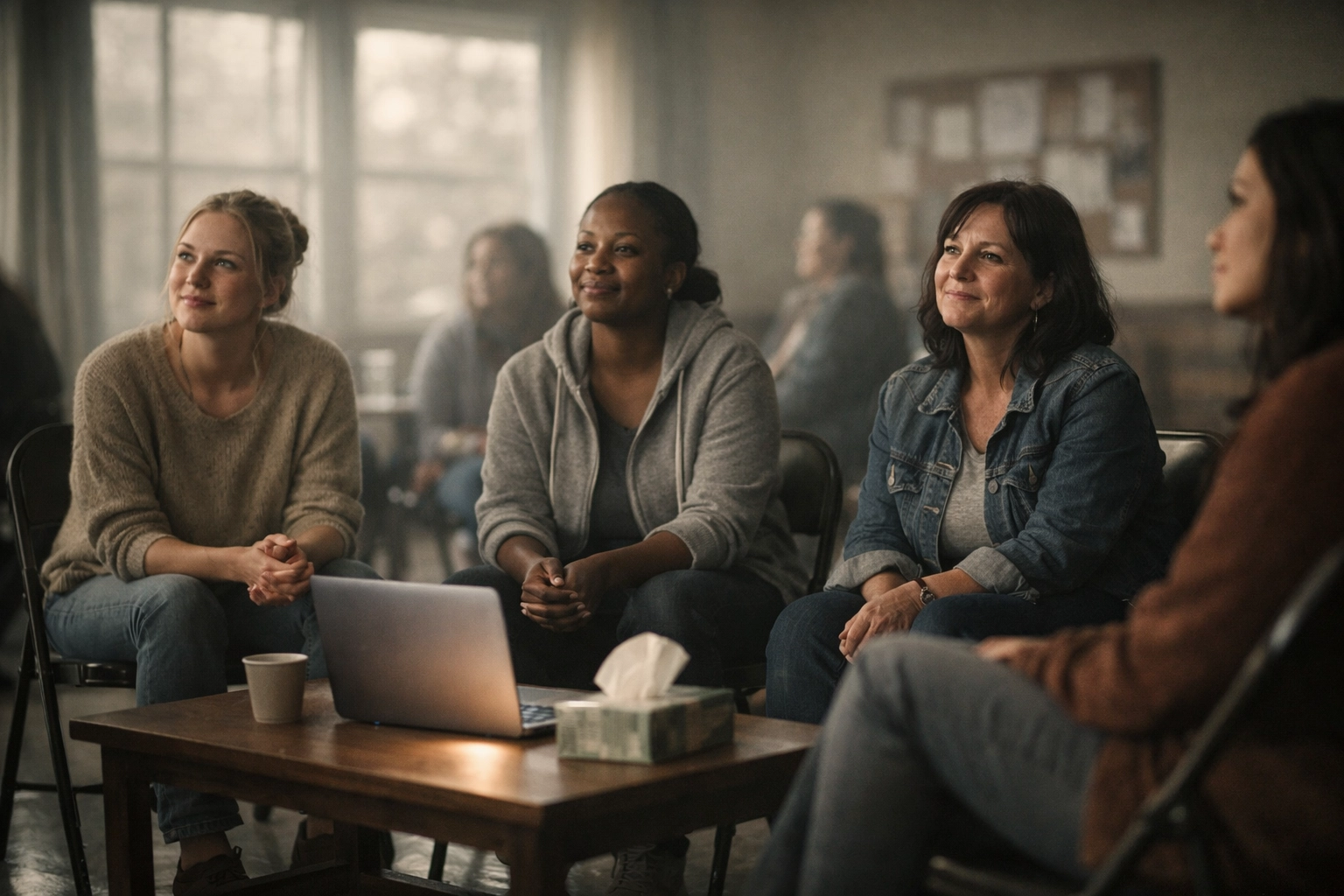 In het herstelcentrum kijken vrouwen in herstel samen naar online religieuze diensten.