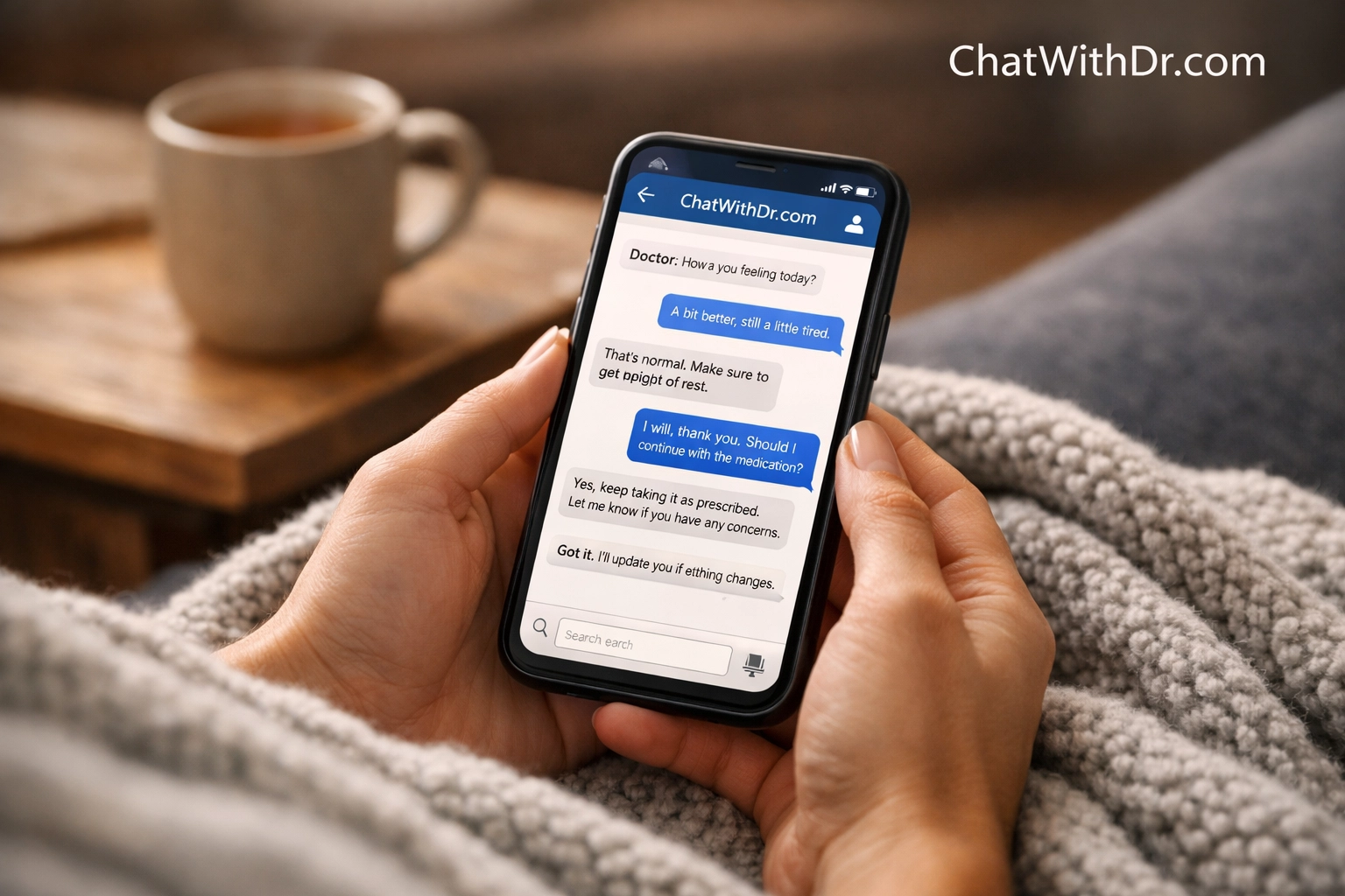 A person receiving an online doctor consultation for flu relief via text message from home.