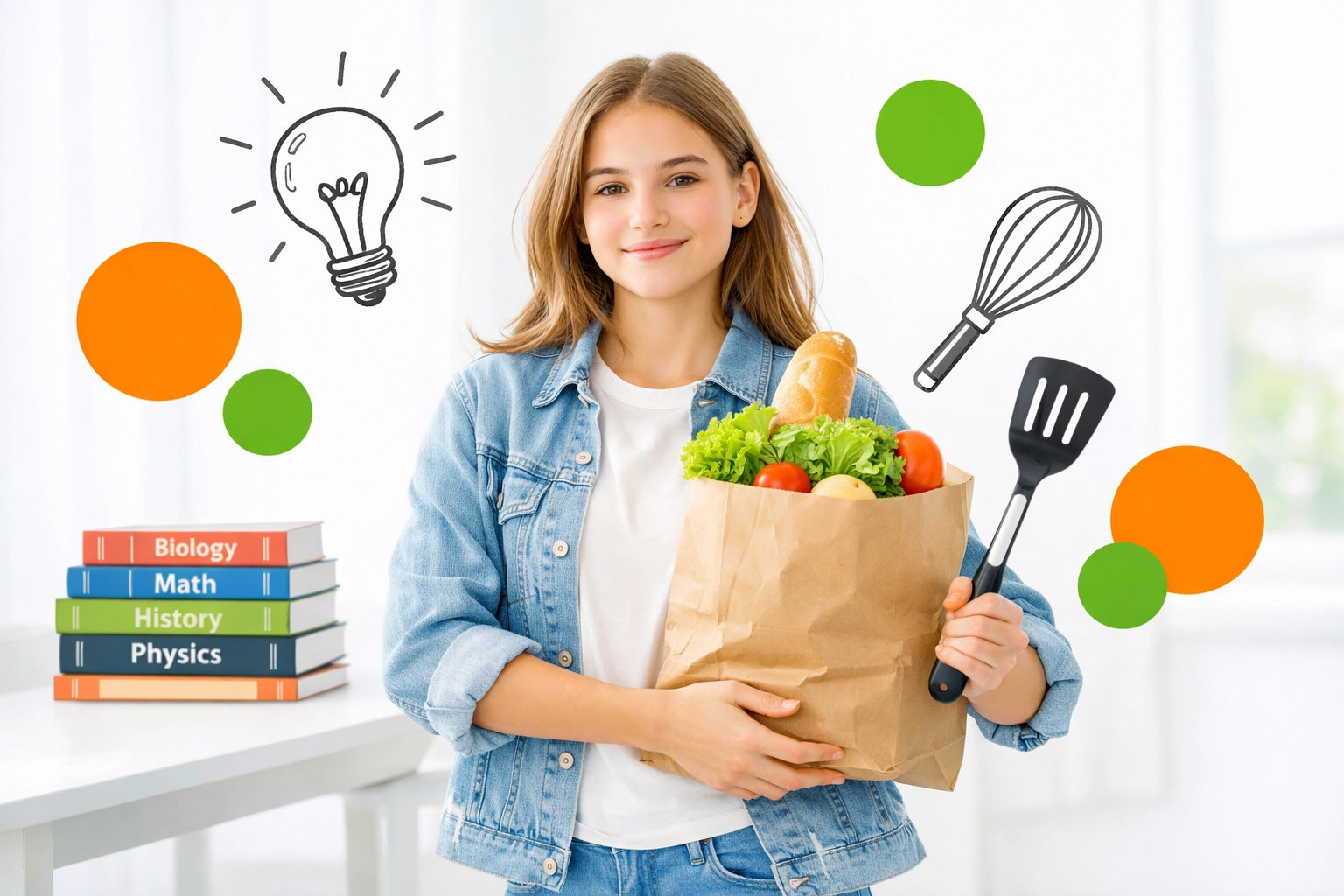 Teenage girl balancing academic textbooks with cooking and shopping skills for real-world preparation.