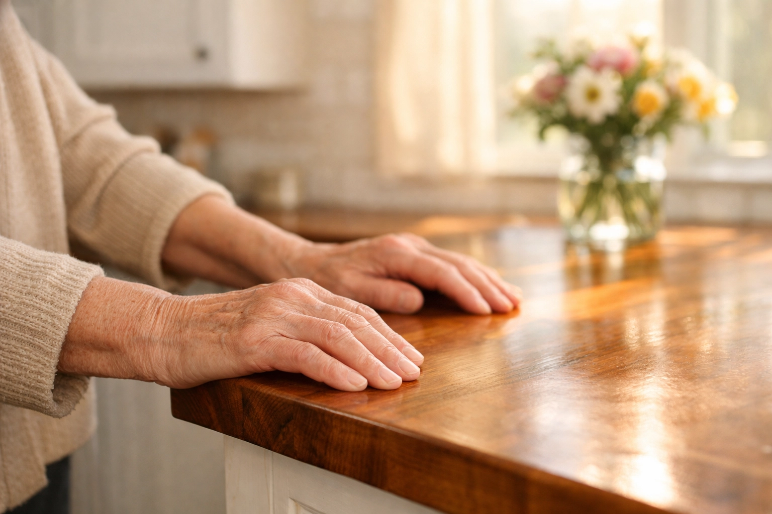 Senior woman holding kitchen counter for balance testing support at home