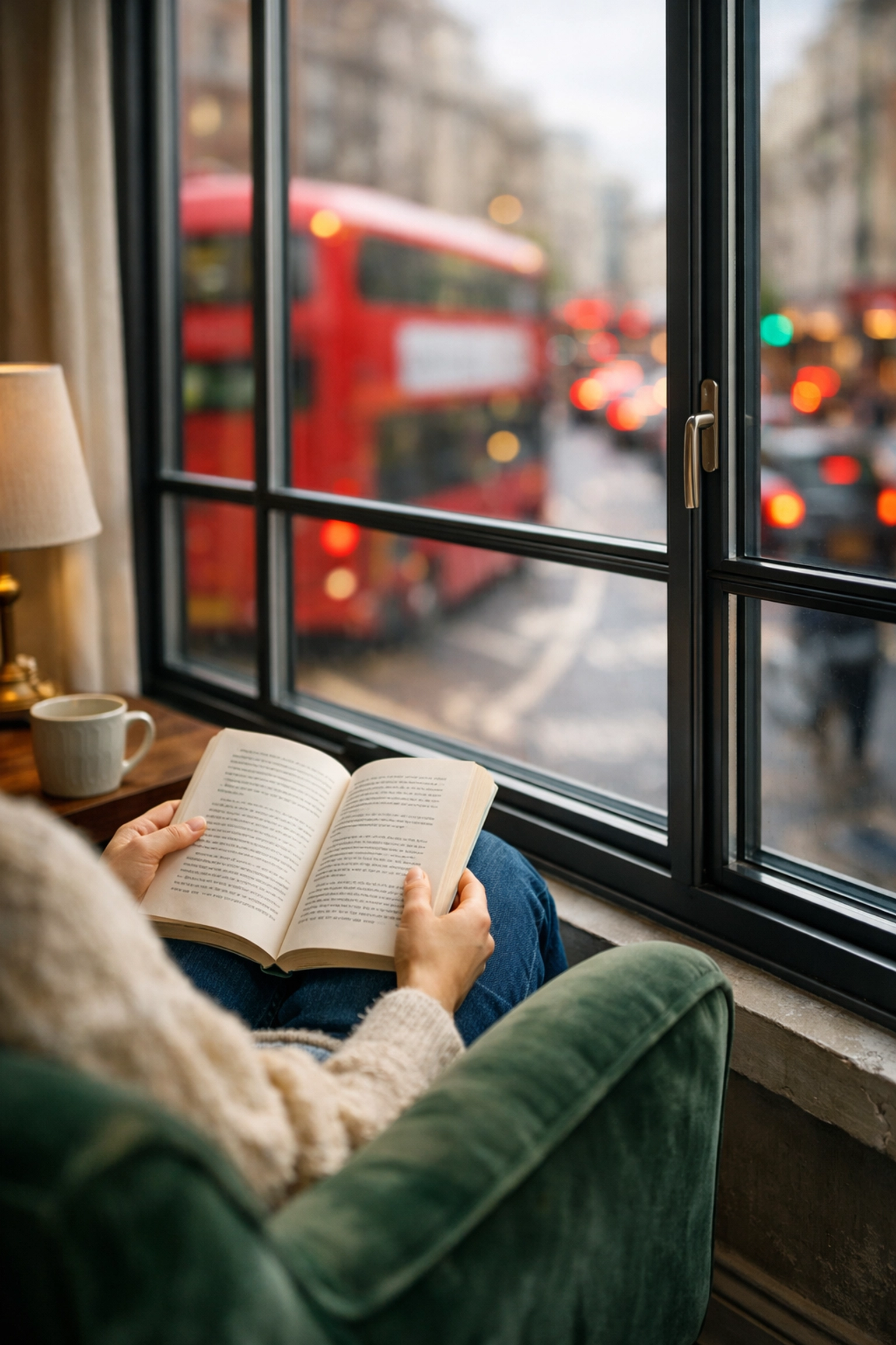 Quiet London interior with acoustic secondary glazing blocking traffic noise through Crittall windows.