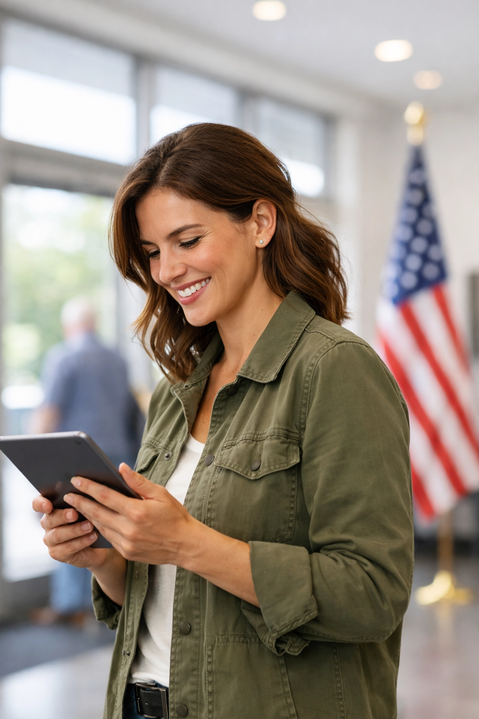 A young woman uses a digital tablet to stay informed on veteran initiatives and community milestones.