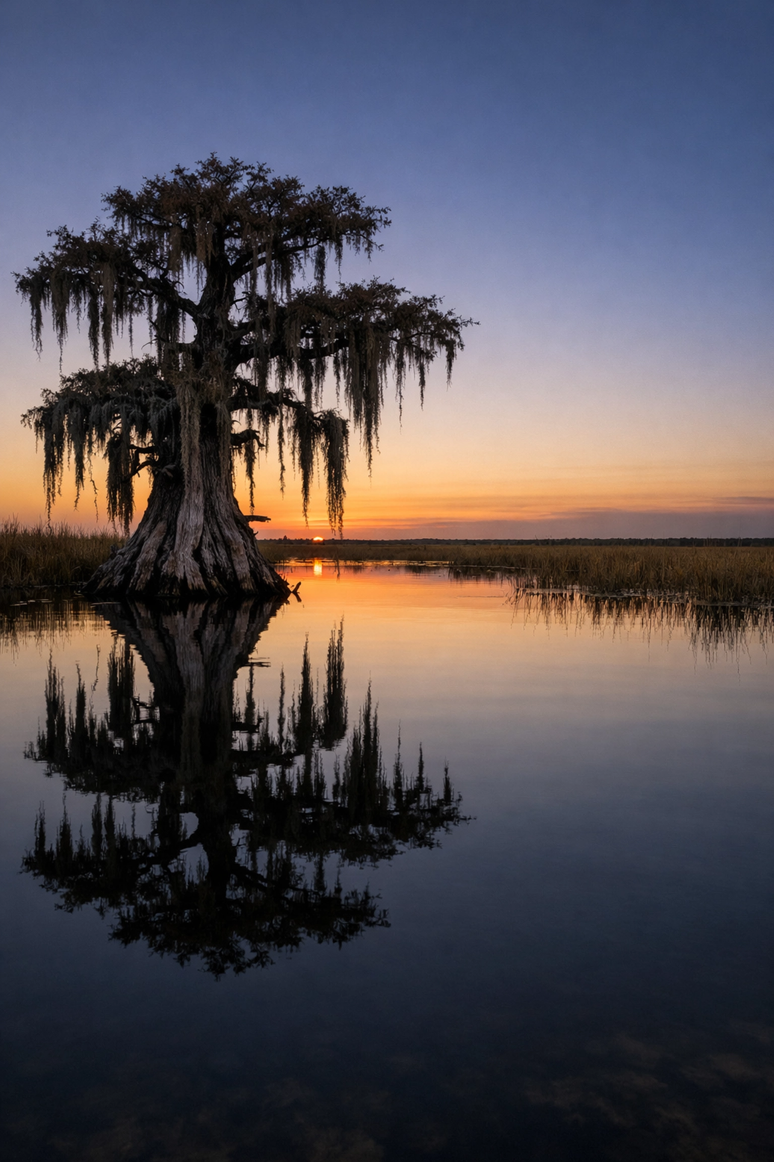 Scenic sunset reflecting a cypress tree in the Everglades, a unique nature photography spot near Miami.
