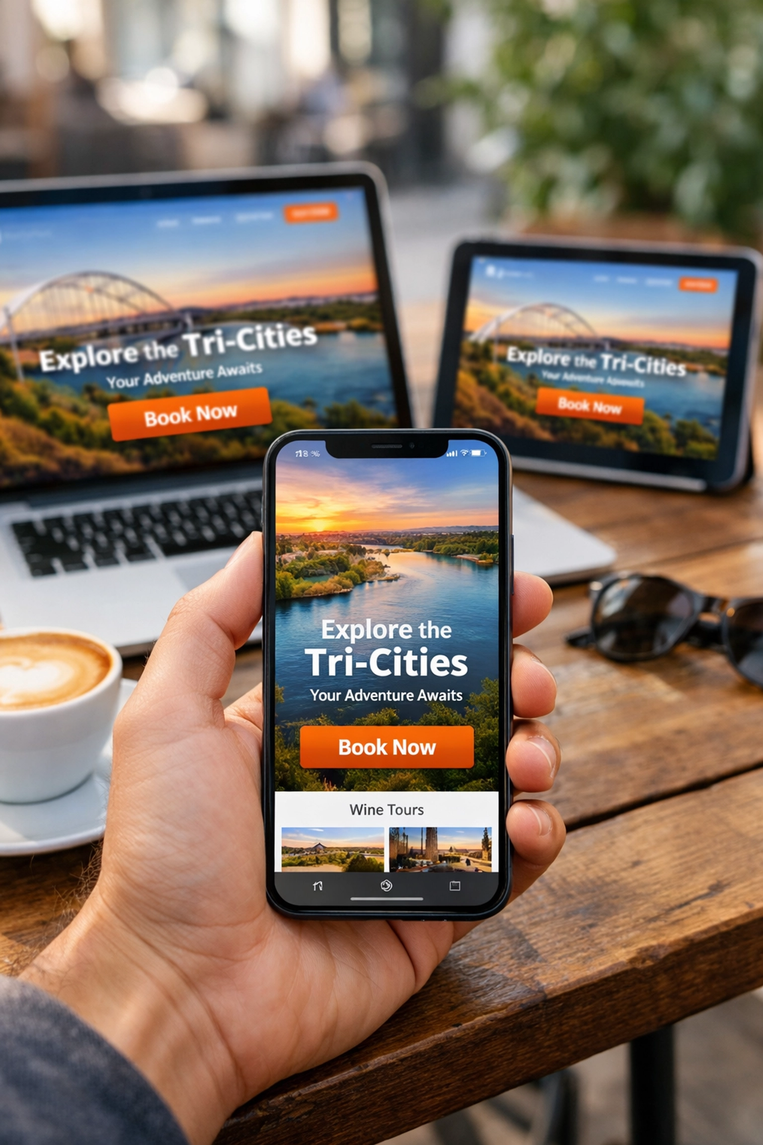 Mobile responsive website with a clear Book Now button displayed on a smartphone at a local cafe.