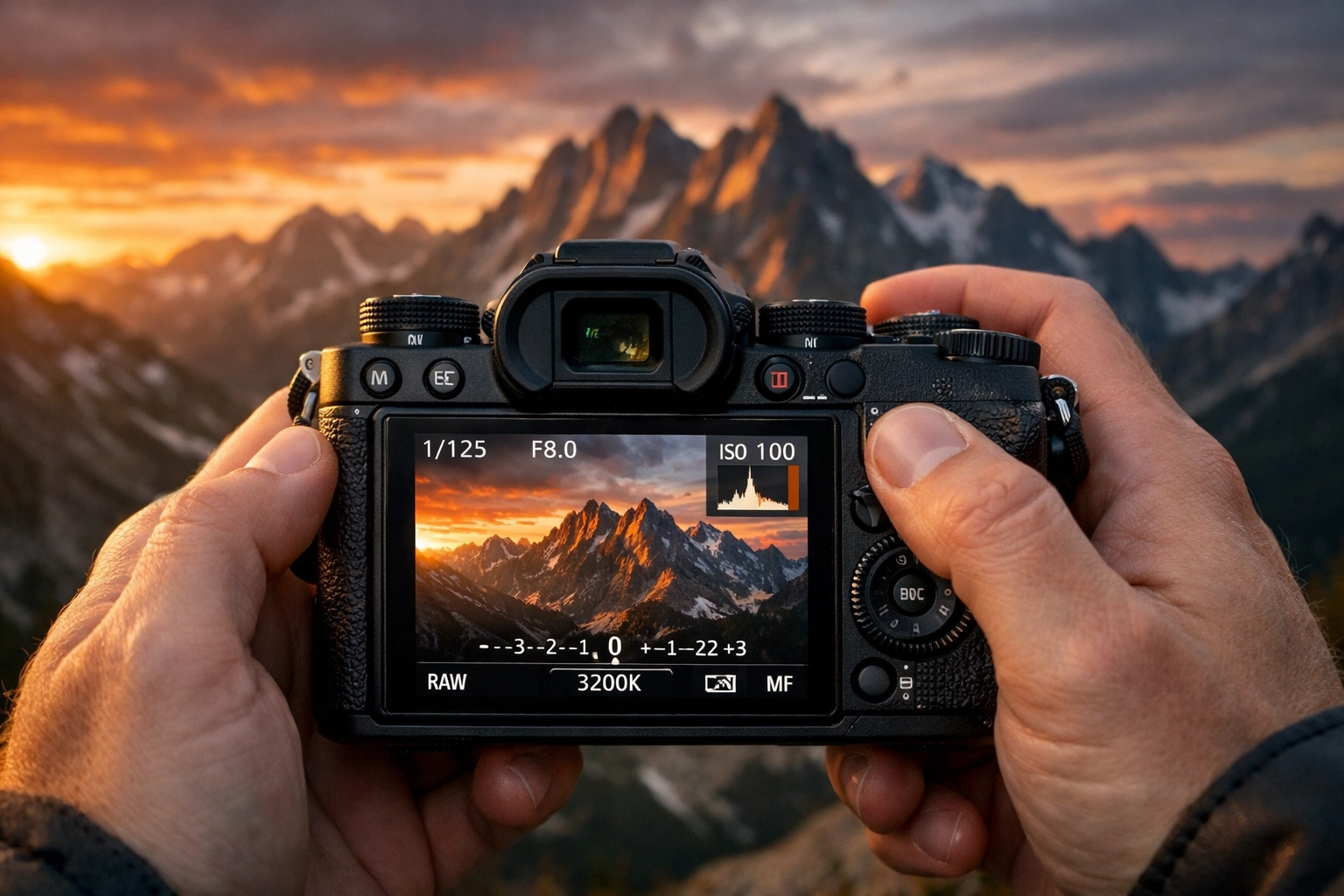 Camera LCD screen displaying exposure meter and settings for a mountain landscape photography shoot.