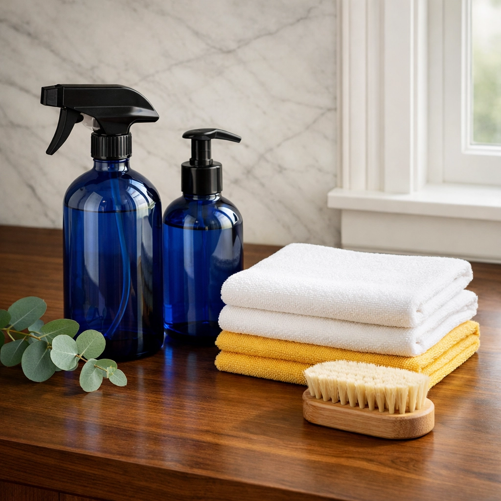 Eco-friendly house cleaning supplies and microfiber cloths arranged in a luxury Massachusetts estate.