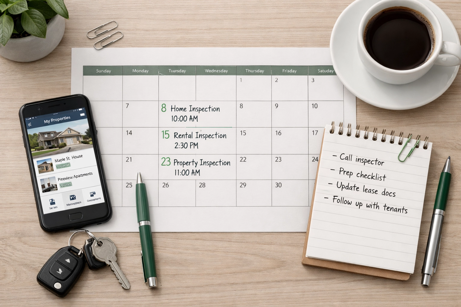 Organized property inspection schedule and planning materials on desk