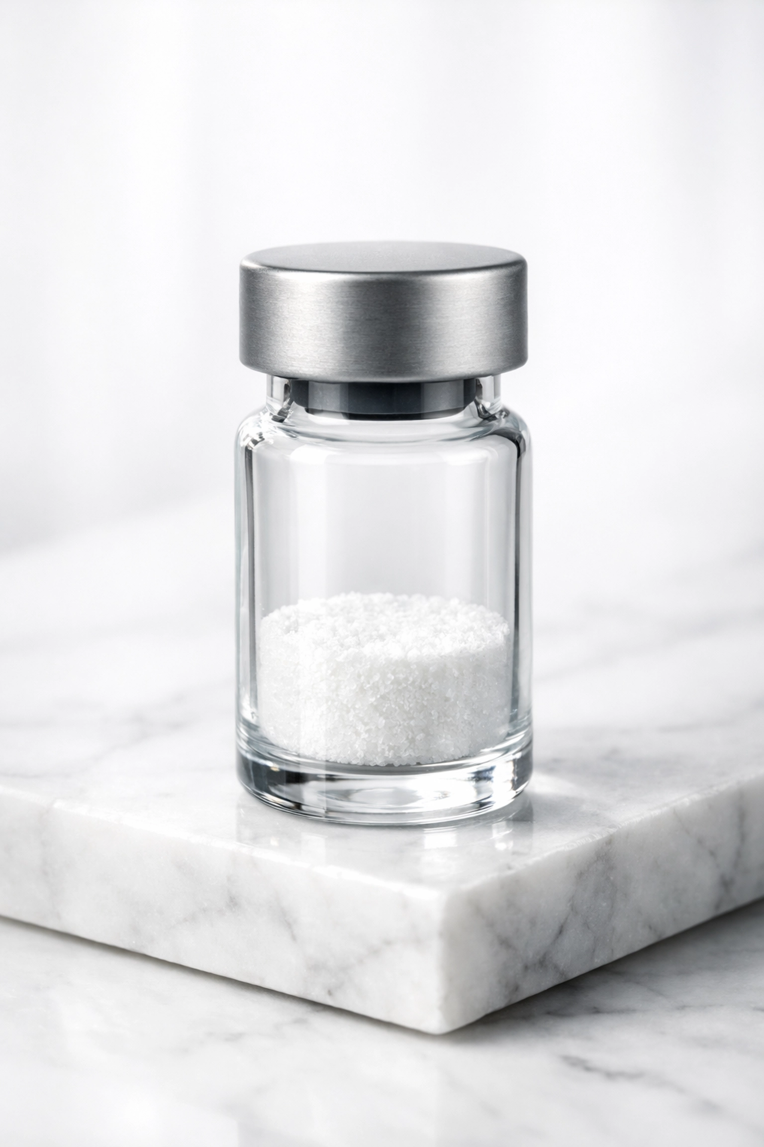 Clear research vial with lyophilized Humanin peptide powder on a white marble surface.