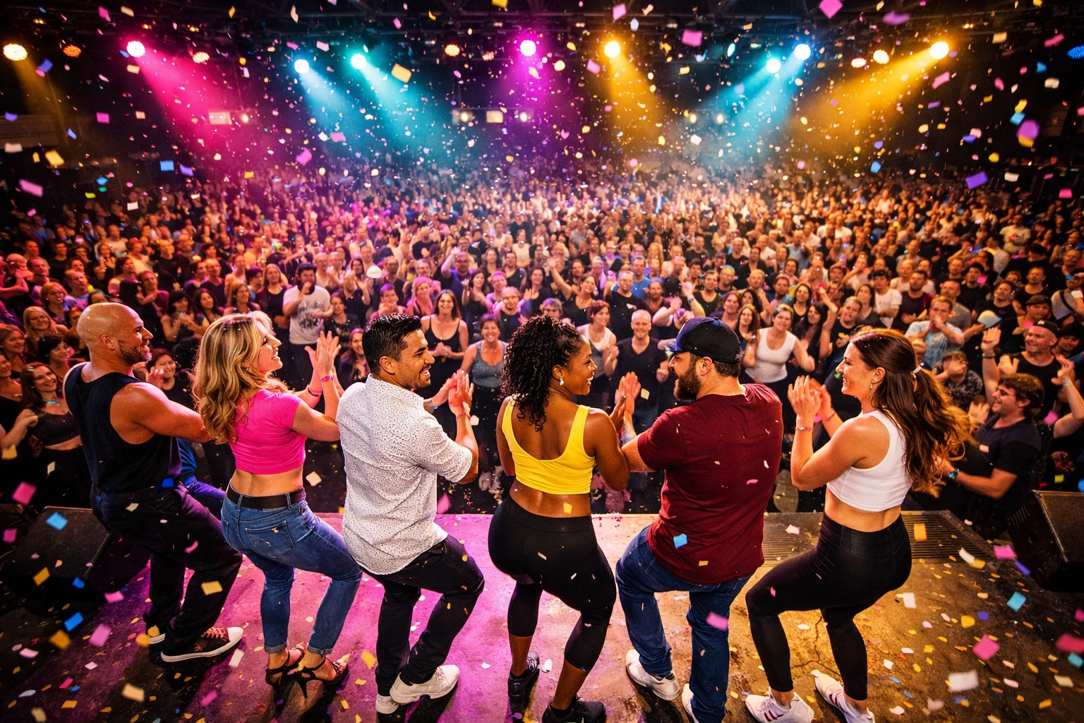 Dance instructors from multiple studios collaborating together at packed social dance event