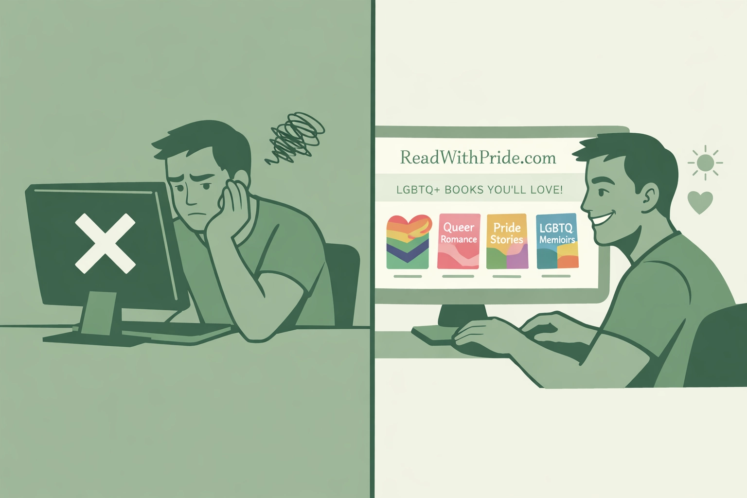 Comparison showing reader frustrated by algorithm suppression versus finding LGBTQ+ books on ReadWithPride