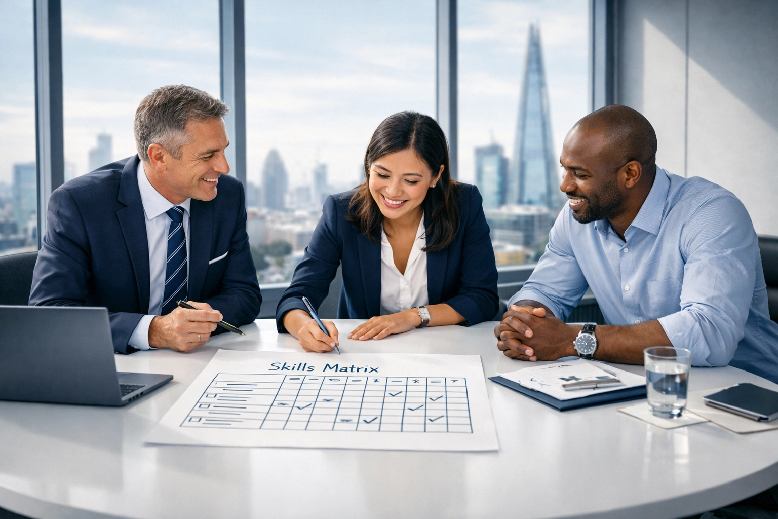 UK sales leaders collaborating on a team skills matrix and performance development strategy.