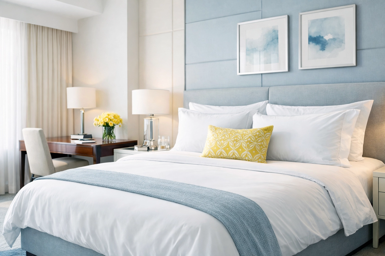 Spotless luxury hotel suite bedroom with crisp white linens and dust-free furniture for a fresh guest experience.