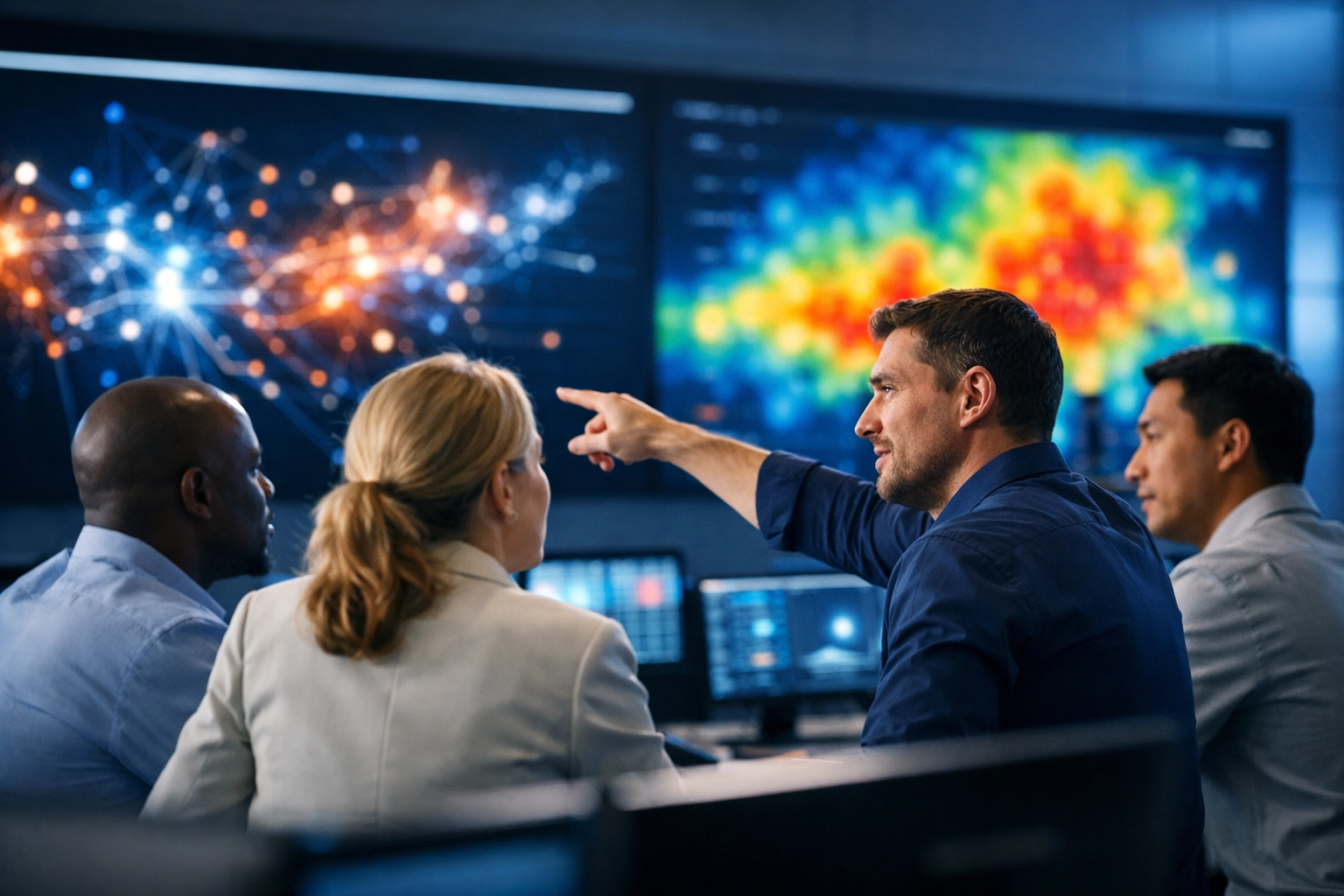 Business professionals reviewing data visualizations for Dakdan integrated media solutions and sponsorship activation.