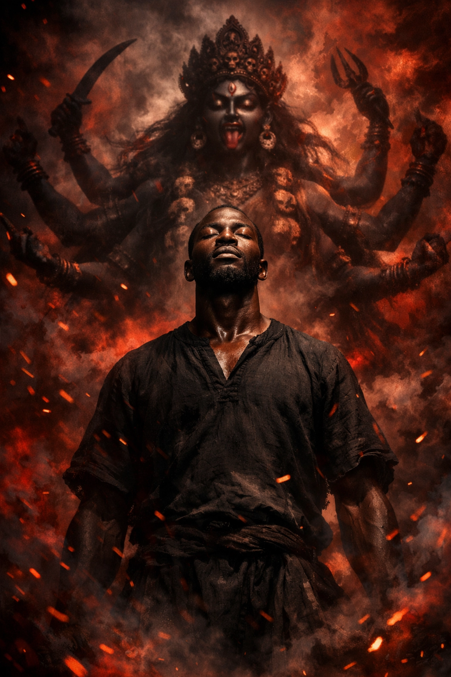 African man finding spiritual protection through the presence of Goddess Kali during a storm.