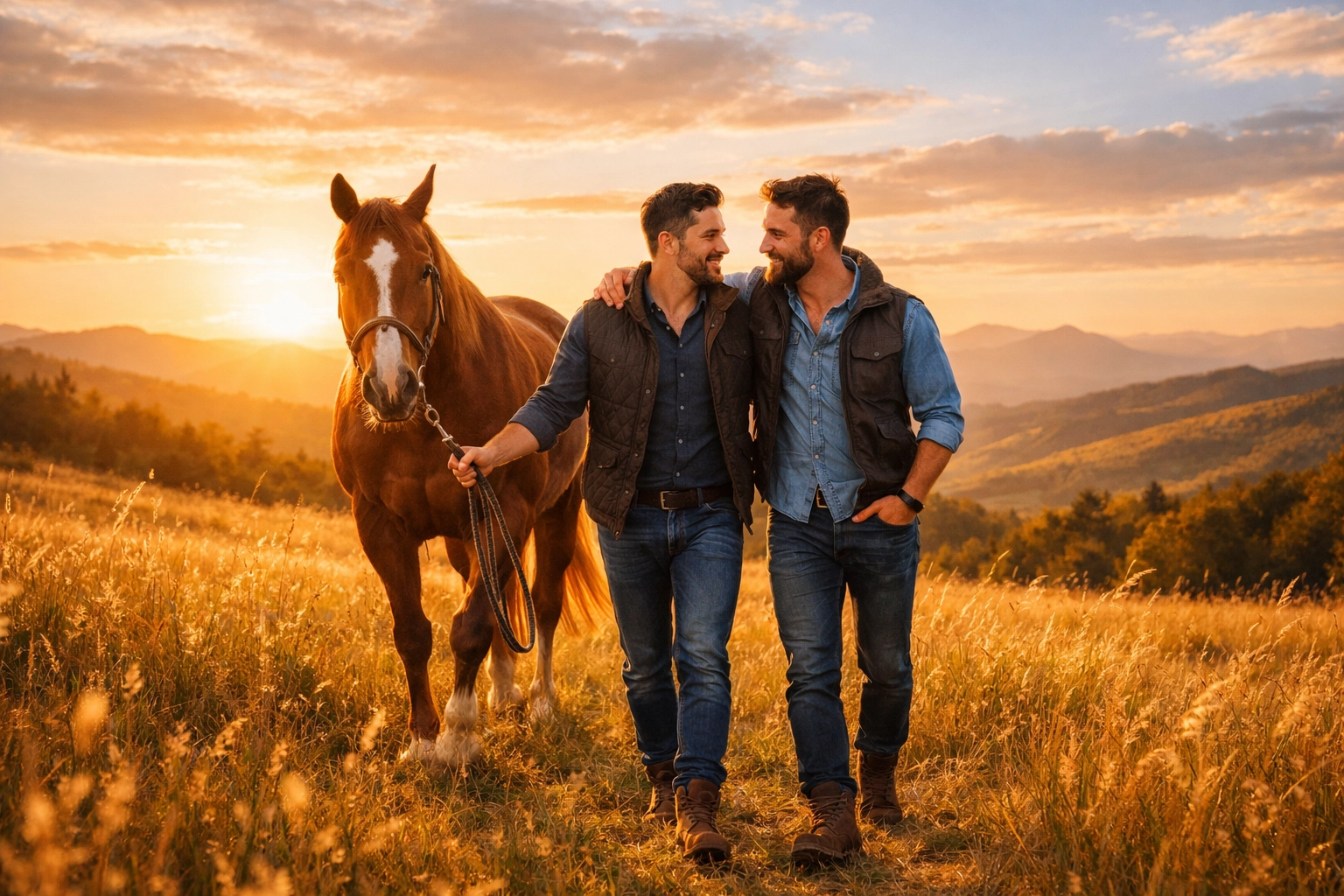 A gay couple in rugged outdoor wear walking a horse through a meadow, capturing modern queer romance.