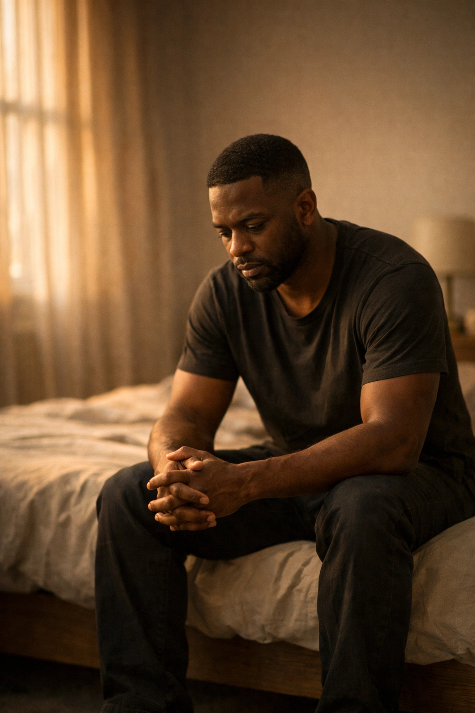 Black man sitting alone showing vulnerability and emotional weight of constant code-switching