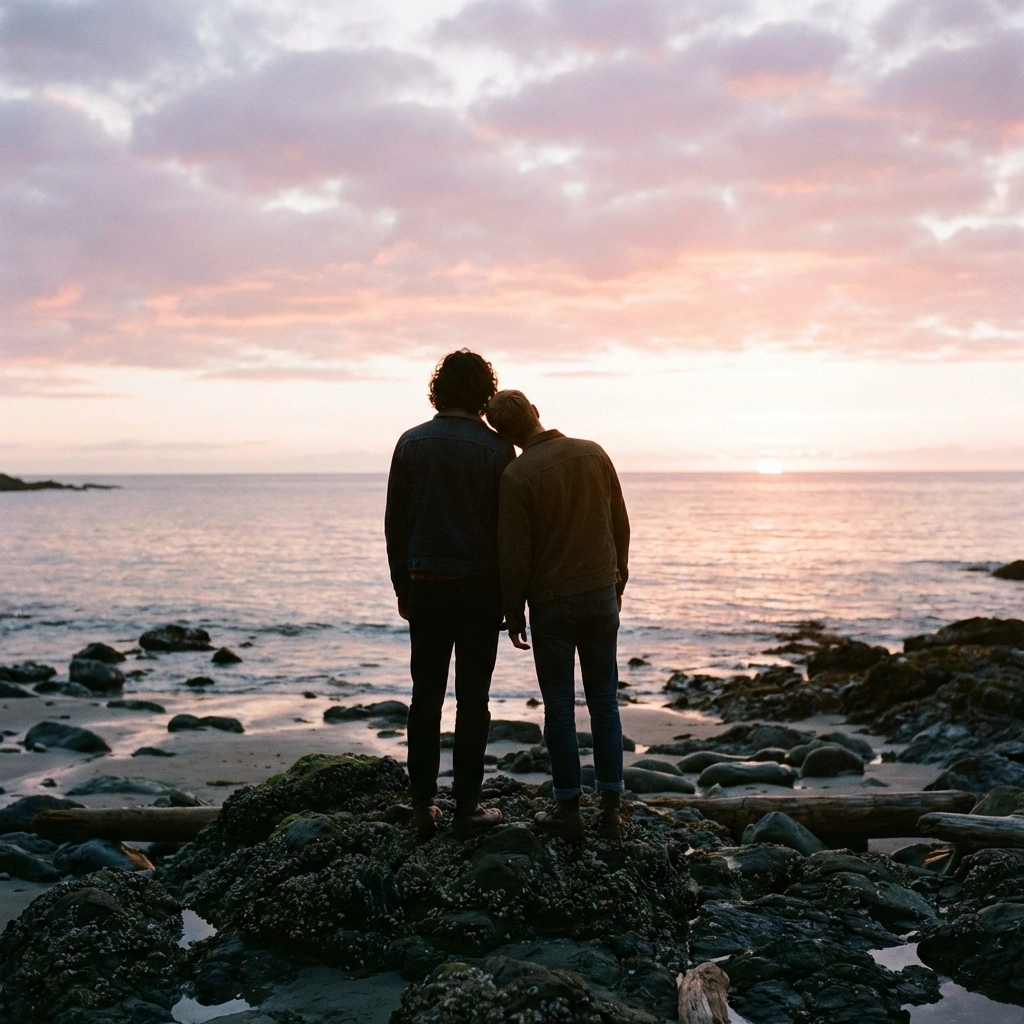 Diverse gay men standing naked on a beach at sunrise, symbolizing reclamation of the body and pride.
