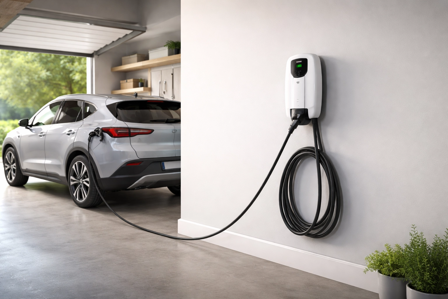Level 2 wall-mounted EV charger installed in a clean garage with an electric SUV in Portland Maine