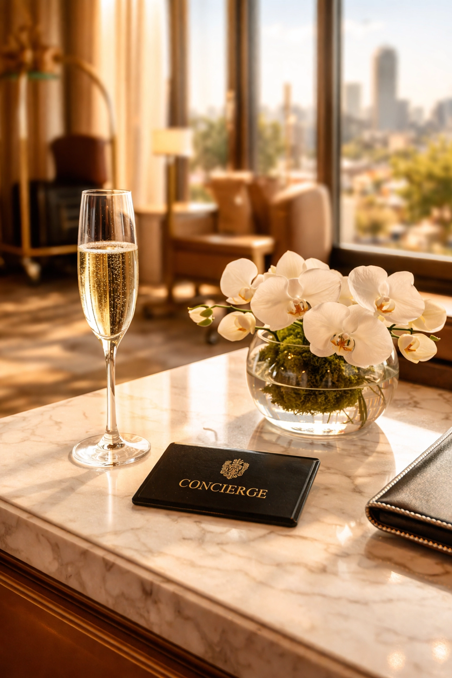 Luxury concierge desk with champagne and key card, showcasing Black Key Elite's exclusive VIP travel services.